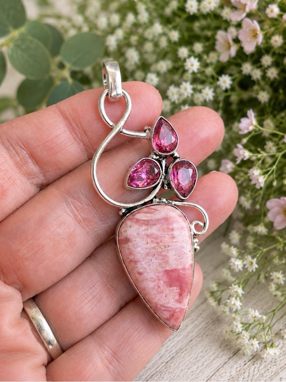Rhodochrosite & Pink Topaz Gemstone 2.8” Sterling Silver Pendant - Picture 2 of 5